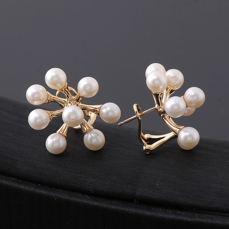 Luxury Pearl Stud Earrings Cluster Pearl Earrings 18K Yellow Gold Pearl Bridal Earrings Fine Quality Wedding Jewelry