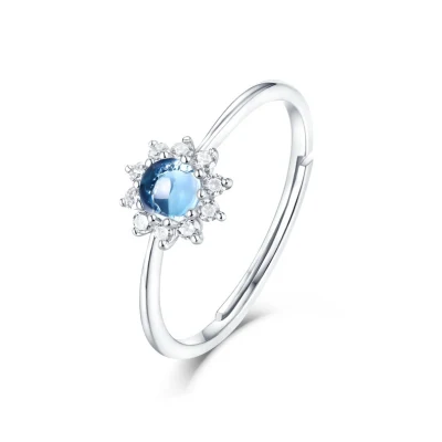 Anillos ajustables redondos de topacio azul con flores para mujer, anillo de compromiso de boda de Plata de Ley 925, joyería de circón